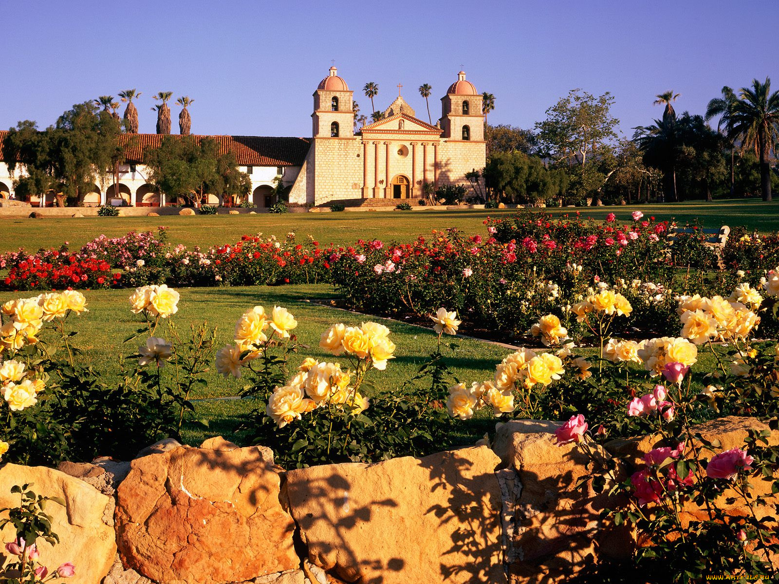 mission, santa, barbara, and, the, rose, garden, california, 